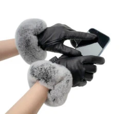 Ladies Sheepskin Leather Gloves With Rabbit Fur Cuffs -Shoe Store DSC06580
