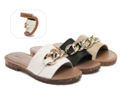 Women Leather Metal Ultra Soft Flat Slides Jianna