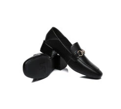 Women Leather Gold Buckle Low Block Heel Loafers Mia -Shoe Store GL7A5003