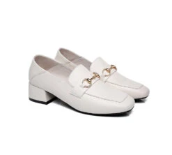 Women Leather Gold Buckle Low Block Heel Loafers Mia -Shoe Store GL7A5015