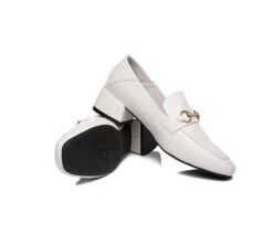 Women Leather Gold Buckle Low Block Heel Loafers Mia -Shoe Store GL7A5017