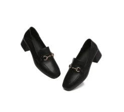 Women Leather Gold Buckle Low Block Heel Loafers Mia -Shoe Store PF0A8127