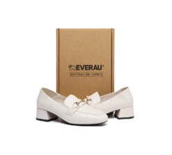 Women Leather Gold Buckle Low Block Heel Loafers Mia -Shoe Store PF0A8147