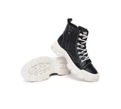 Women Leather Lace Up Zipper Chunky Boots Lorrin 23 Women Leather Lace Up Zipper Chunky Boots Lorrin -Shoe Store PF0A9517