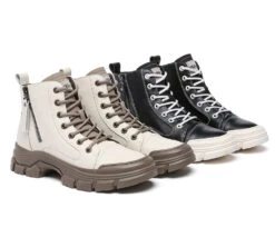 Women Leather Lace Up Zipper Chunky Boots Lorrin