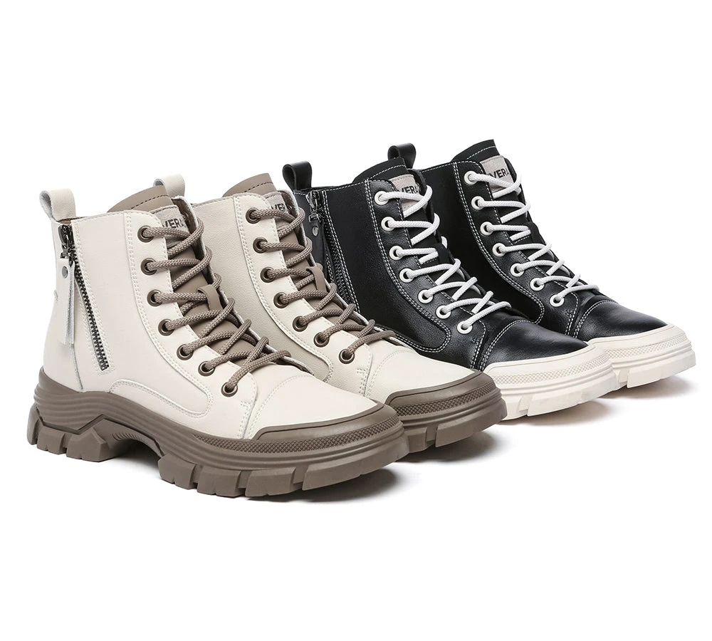 Women Leather Lace Up Zipper Chunky Boots Lorrin 3 Women Leather Lace Up Zipper Chunky Boots Lorrin