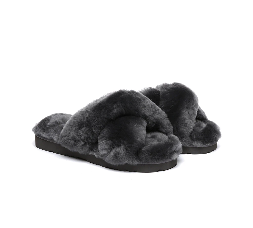 UGG Fluffy Slides Women Sheepskin Wool Crossover Sandals Leanna 17 UGG Fluffy Slides Women Sheepskin Wool Crossover Sandals Leanna - Image 15