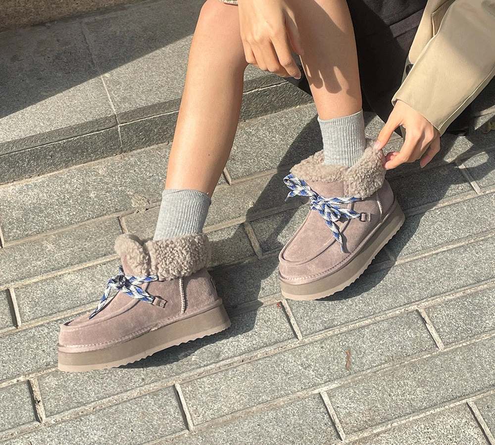 UGG Boots Women Sheepskin Wool Lace Up Ankle Platform Honour 4 UGG Boots Women Sheepskin Wool Lace Up Ankle Platform Honour - Image 2