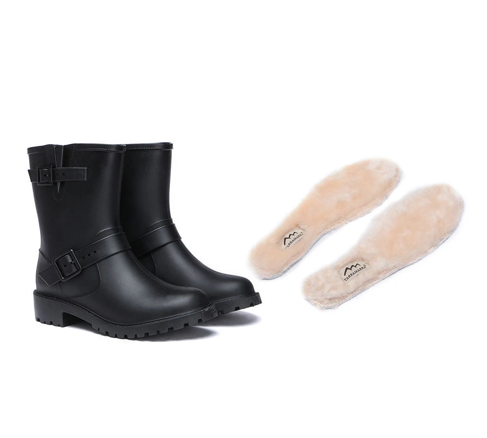 Black Rainboots, Women Gumboots Mid Calf With Wool Insole 3 Black Rainboots, Women Gumboots Mid Calf With Wool Insole