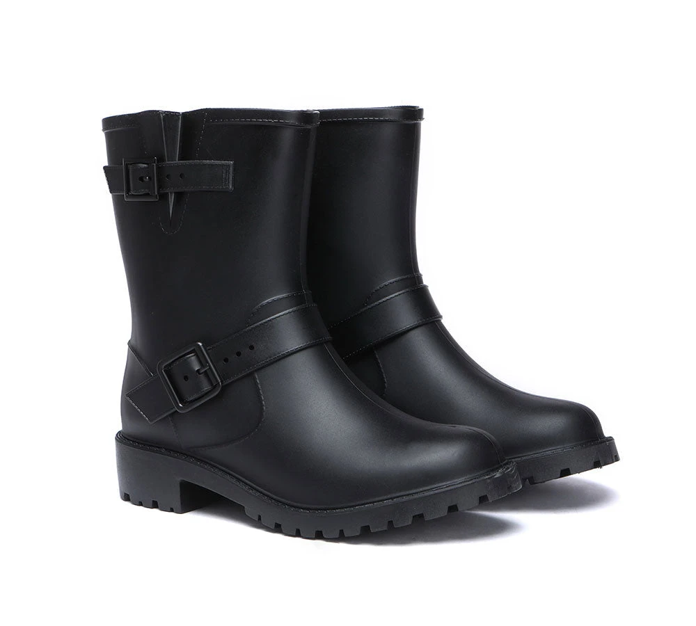Black Rainboots, Women Gumboots Mid Calf With Wool Insole 4 Black Rainboots, Women Gumboots Mid Calf With Wool Insole - Image 2