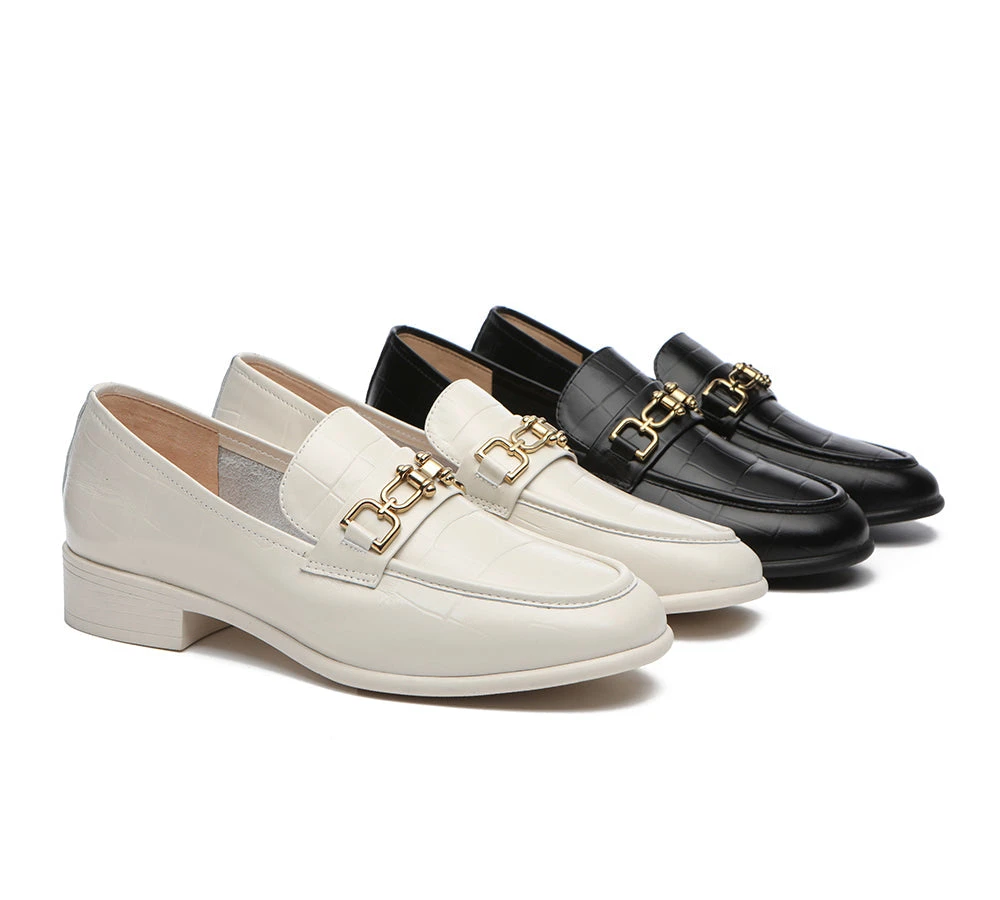 Embossed Leather Loafer Low Block Heels Women Katia 3 Embossed Leather Loafer Low Block Heels Women Katia