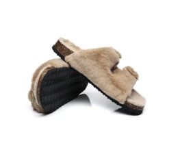 Australian Sheepskin Double Straps Fuzzy Slide Sandals -Shoe Store slides as ugg women fluffy flat sandal slide myla 10