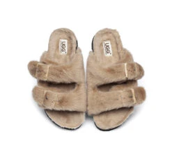 Australian Sheepskin Double Straps Fuzzy Slide Sandals -Shoe Store slides as ugg women fluffy flat sandal slide myla 11