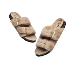 Australian Sheepskin Double Straps Fuzzy Slide Sandals -Shoe Store slides as ugg women fluffy flat sandal slide myla 12