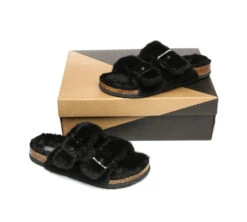 Australian Sheepskin Double Straps Fuzzy Slide Sandals -Shoe Store slides as ugg women fluffy flat sandal slide myla 3