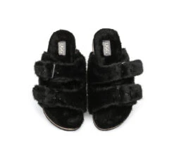 Australian Sheepskin Double Straps Fuzzy Slide Sandals -Shoe Store slides as ugg women fluffy flat sandal slide myla 5