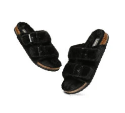 Australian Sheepskin Double Straps Fuzzy Slide Sandals -Shoe Store slides as ugg women fluffy flat sandal slide myla 6