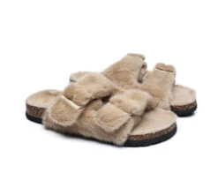 Australian Sheepskin Double Straps Fuzzy Slide Sandals -Shoe Store slides as ugg women fluffy flat sandal slide myla 8