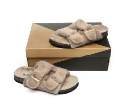 Australian Sheepskin Double Straps Fuzzy Slide Sandals -Shoe Store slides as ugg women fluffy flat sandal slide myla 9