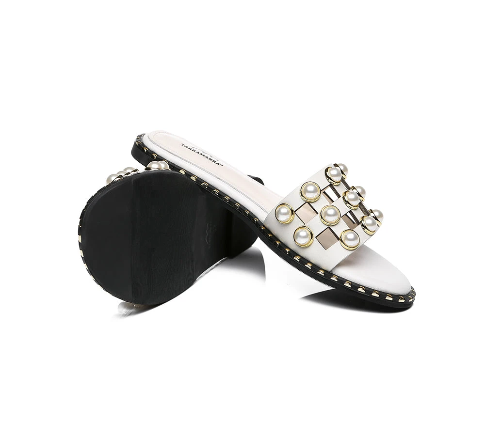 Women Leather Flats Slides With Pearls Junia 6 Women Leather Flats Slides With Pearls Junia - Image 4