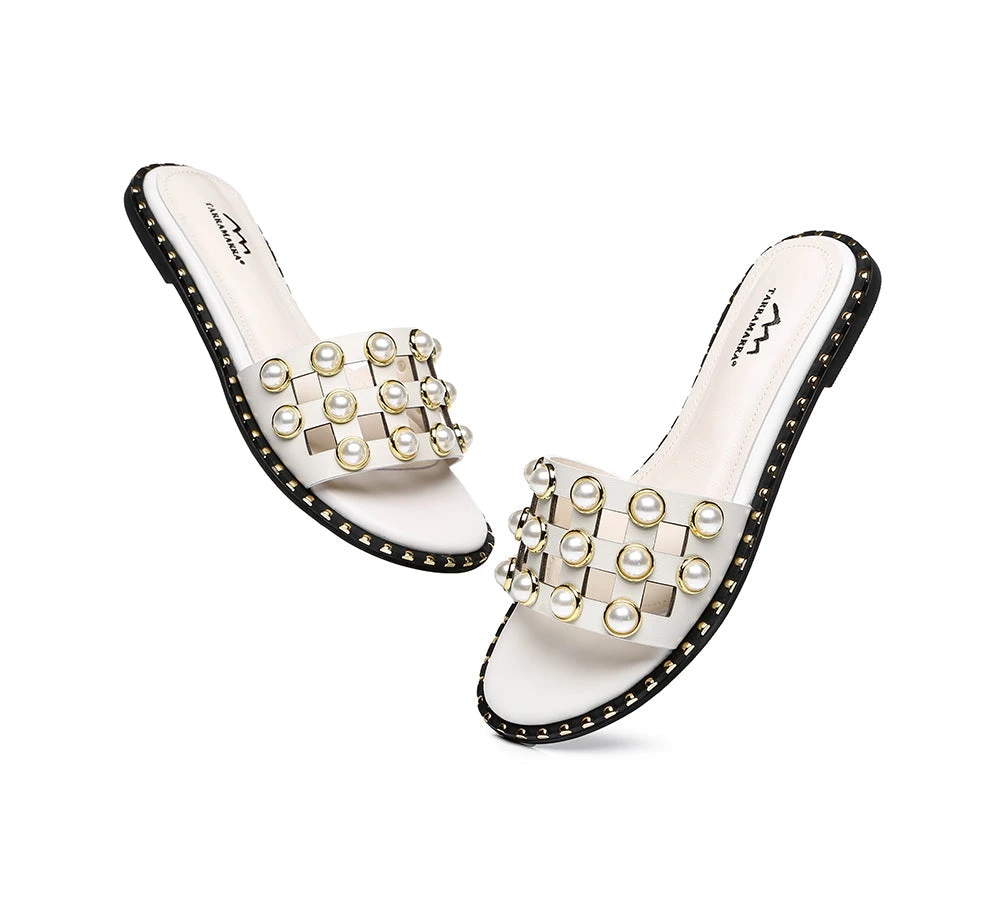 Women Leather Flats Slides With Pearls Junia 8 Women Leather Flats Slides With Pearls Junia - Image 6