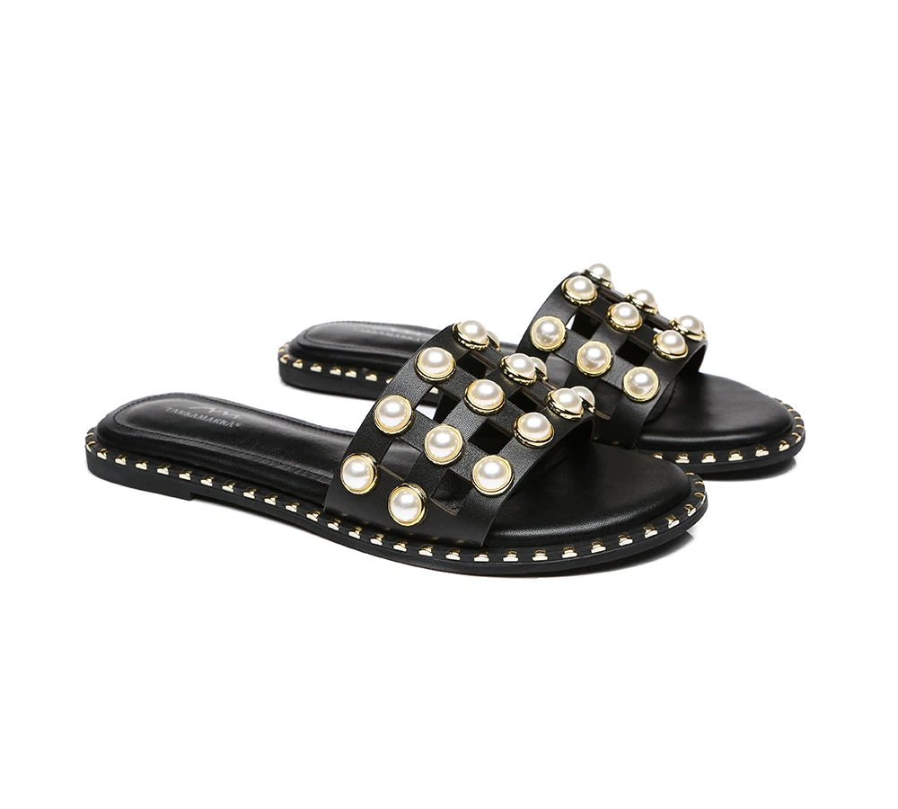Women Leather Flats Slides With Pearls Junia 11 Women Leather Flats Slides With Pearls Junia - Image 9