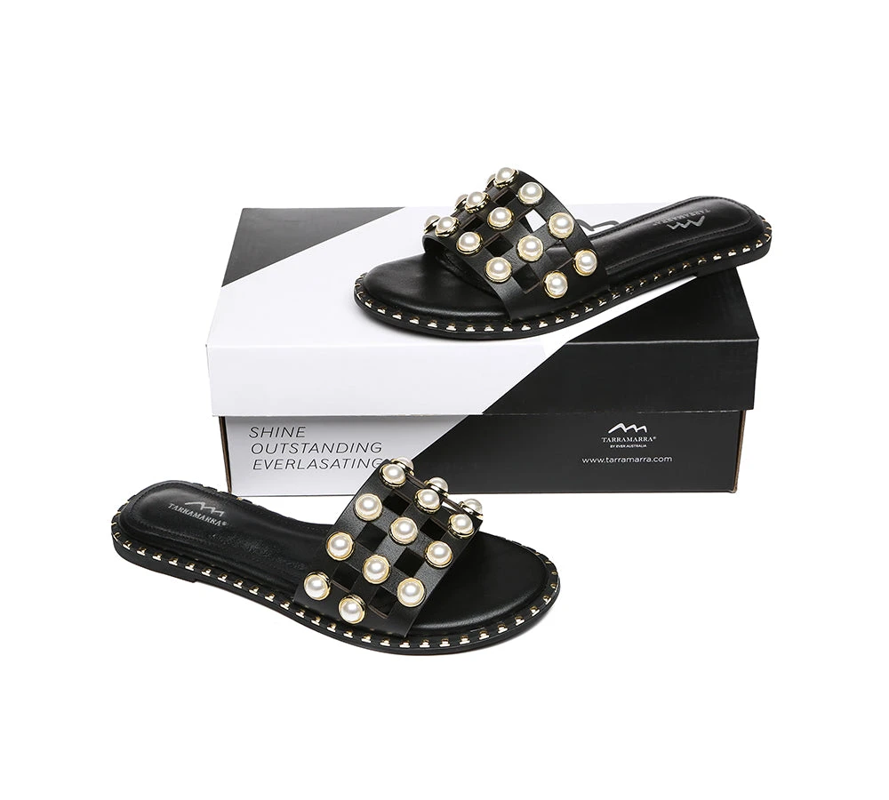 Women Leather Flats Slides With Pearls Junia 13 Women Leather Flats Slides With Pearls Junia - Image 11