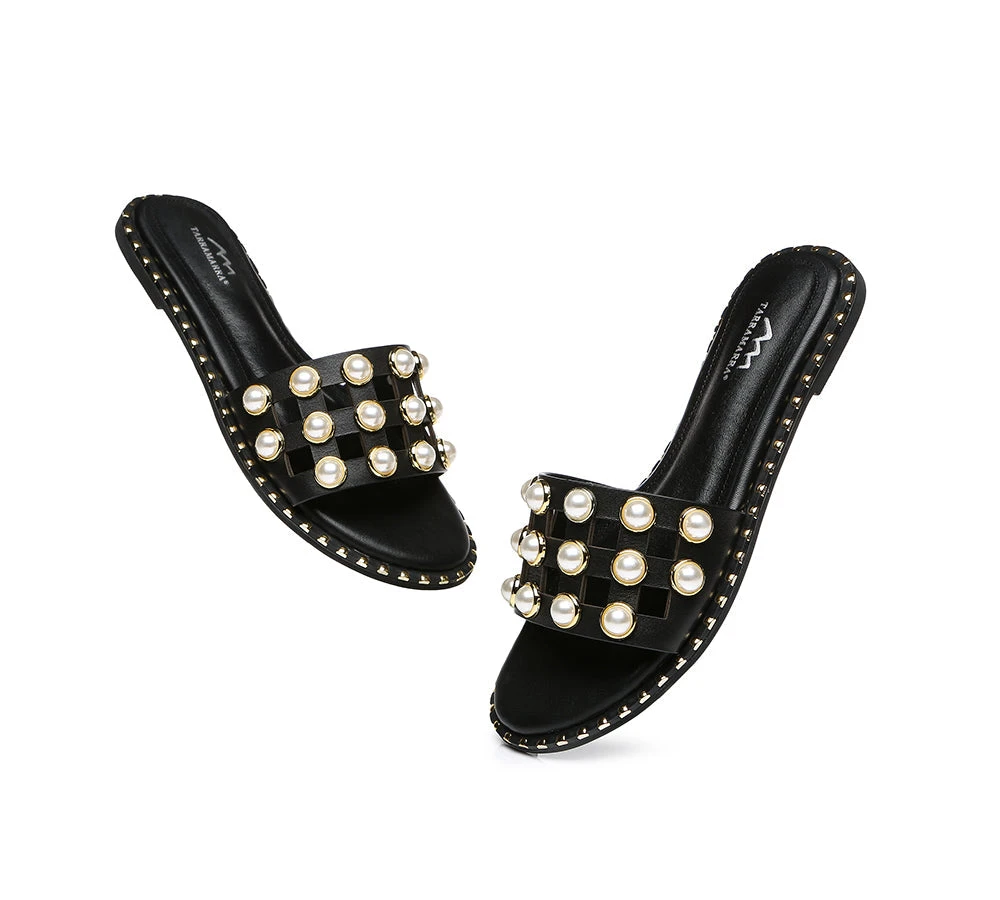 Women Leather Flats Slides With Pearls Junia 14 Women Leather Flats Slides With Pearls Junia - Image 12