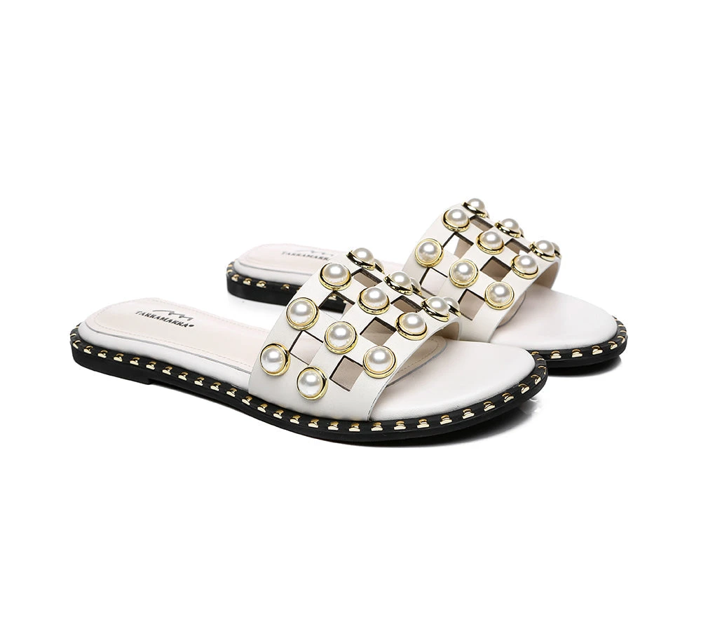 Women Leather Flats Slides With Pearls Junia 5 Women Leather Flats Slides With Pearls Junia - Image 3