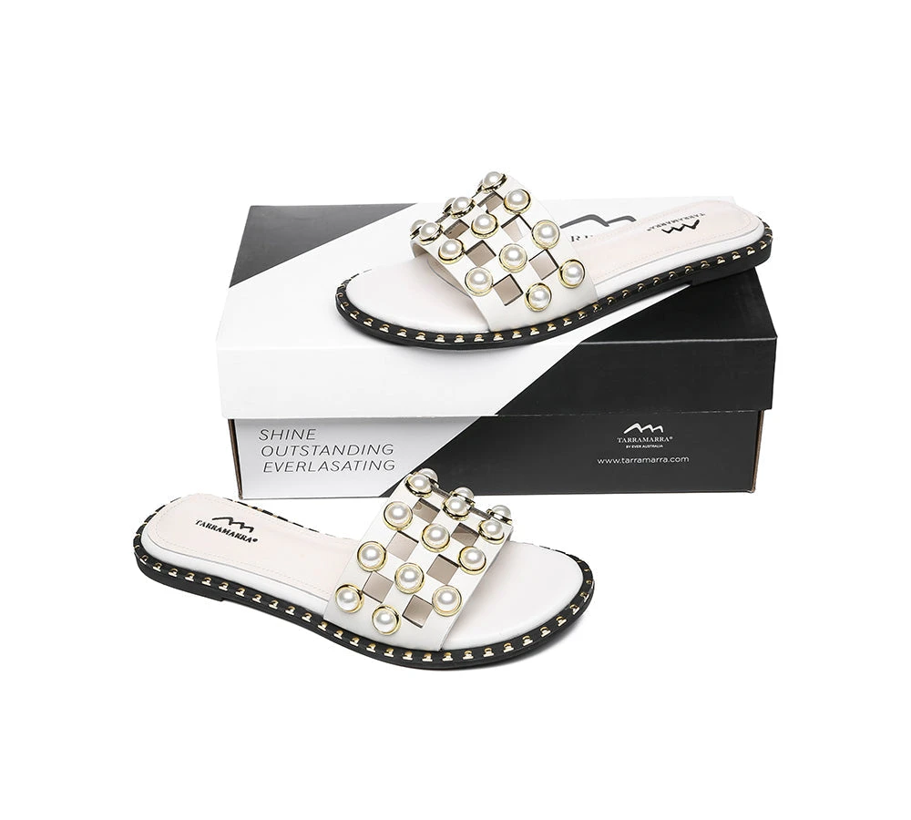 Women Leather Flats Slides With Pearls Junia 7 Women Leather Flats Slides With Pearls Junia - Image 5