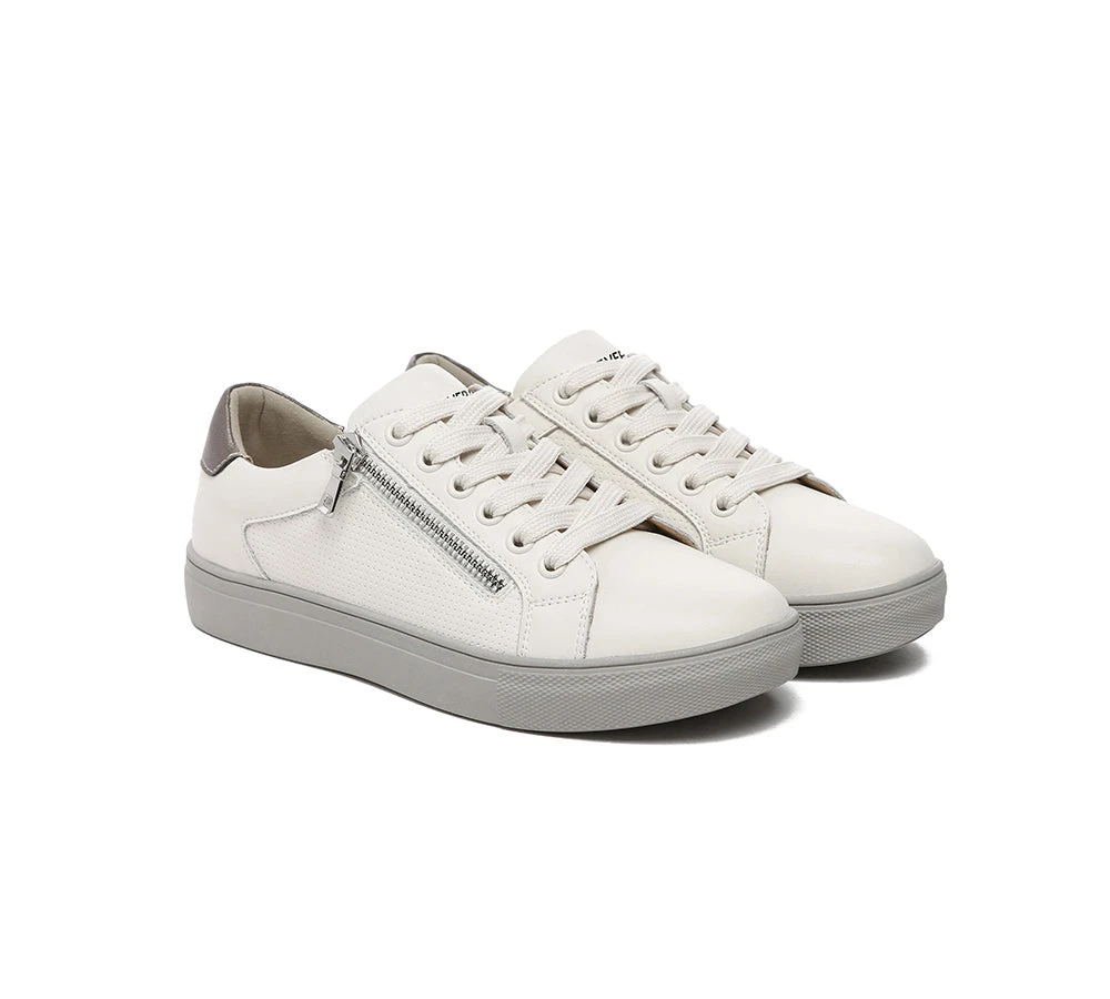 Women Leather Zip Decor Low-top White Sneakers Chloe 3 Women Leather Zip Decor Low-top White Sneakers Chloe