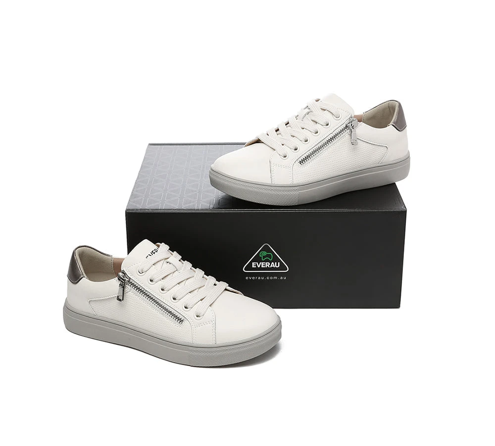 Women Leather Zip Decor Low-top White Sneakers Chloe 5 Women Leather Zip Decor Low-top White Sneakers Chloe - Image 3