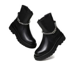 Women Leather Ankle Boots With Removable Metal Chain Decor Cheska -Shoe Store ugg boots black leather ankle boots with removable metal chain decor women cheska 5
