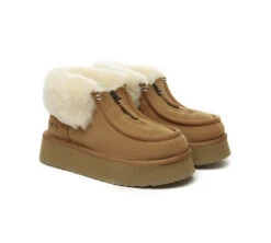 Sheepskin Wool Collar Zipper Platform Mini Ankle Boots